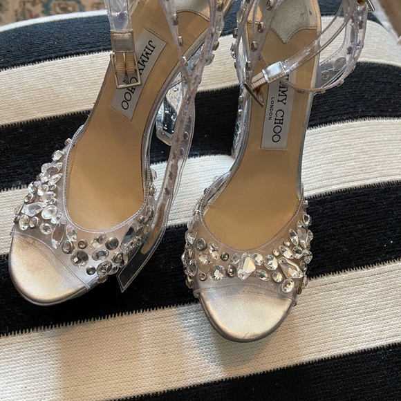 Jimmy Choo Silver Embellished Women's Lucite Platform Sandals Size 38.5 - Picture 3 of 7